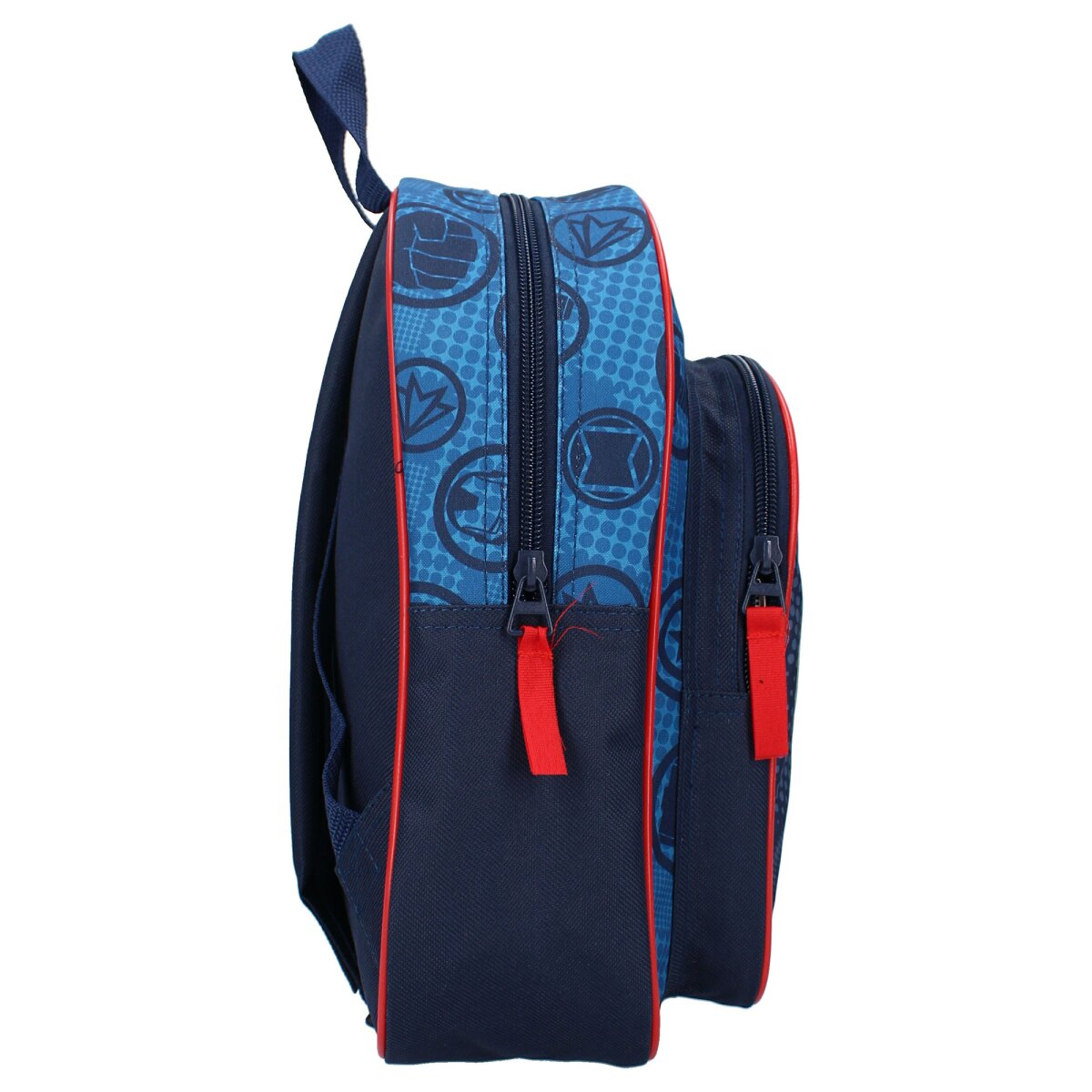 Blaue Marvel-Rucksack-Seitenansicht. Roter Besatz und Avengers-Logos sind sichtbar.