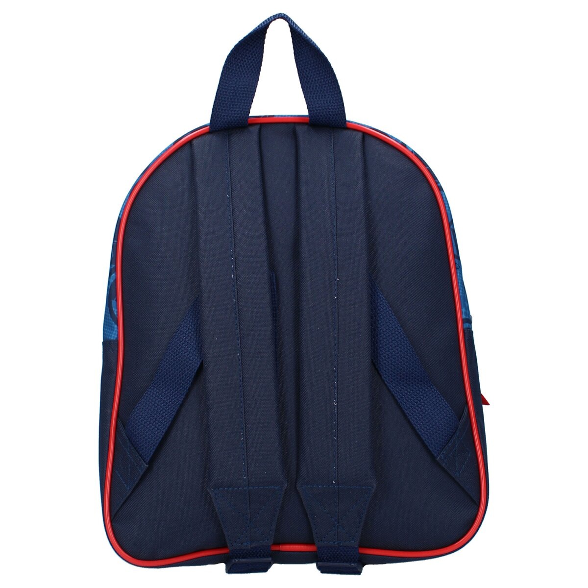 Marineblauer Rucksack mit roter Verzierung. Er hat zwei Träger und einen oberen Griff.
