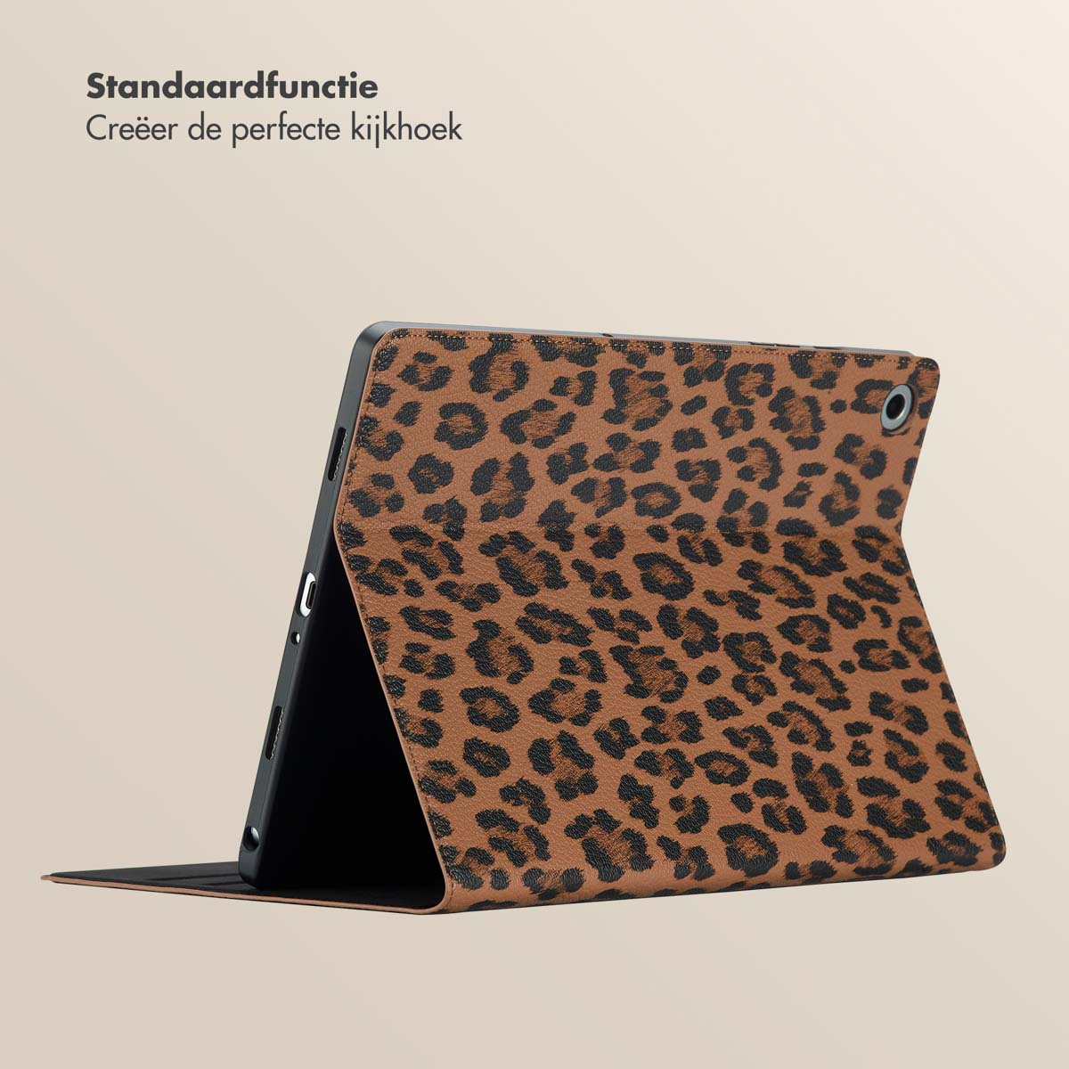 Tablet case with a brown leopard print. It is open and angled.
