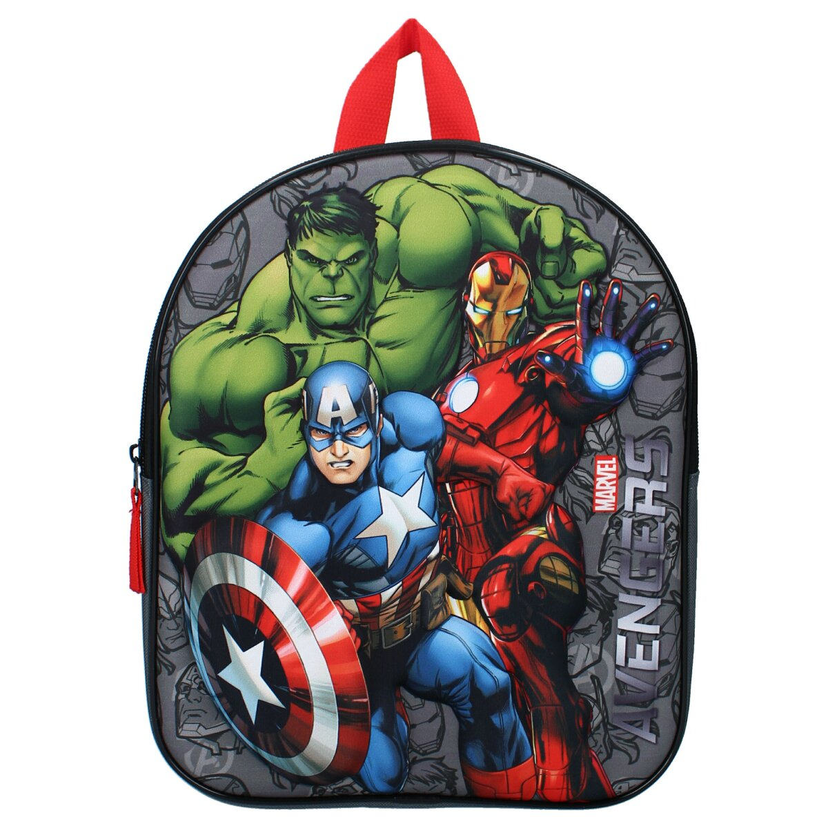 Avengers-Rucksack mit Hulk, Iron Man und Captain America darauf.