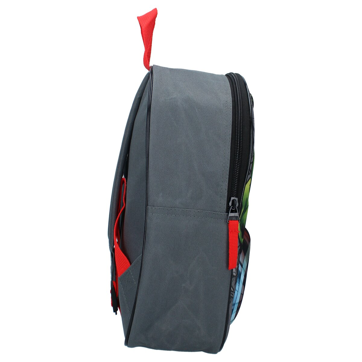Graue Rucksack-Seitenansicht. Rote Akzente und ein schwarzer Reißverschluss sind sichtbar.