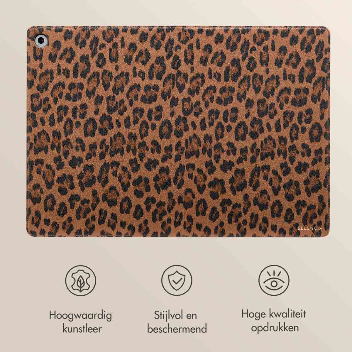 Tablet case with a leopard print design, brown and black.
