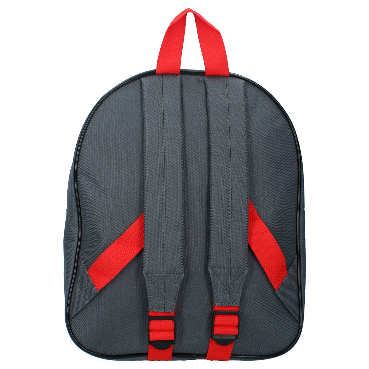 Grauer Rucksack mit roten Trägern. Es hat zwei Träger und einen Griff.