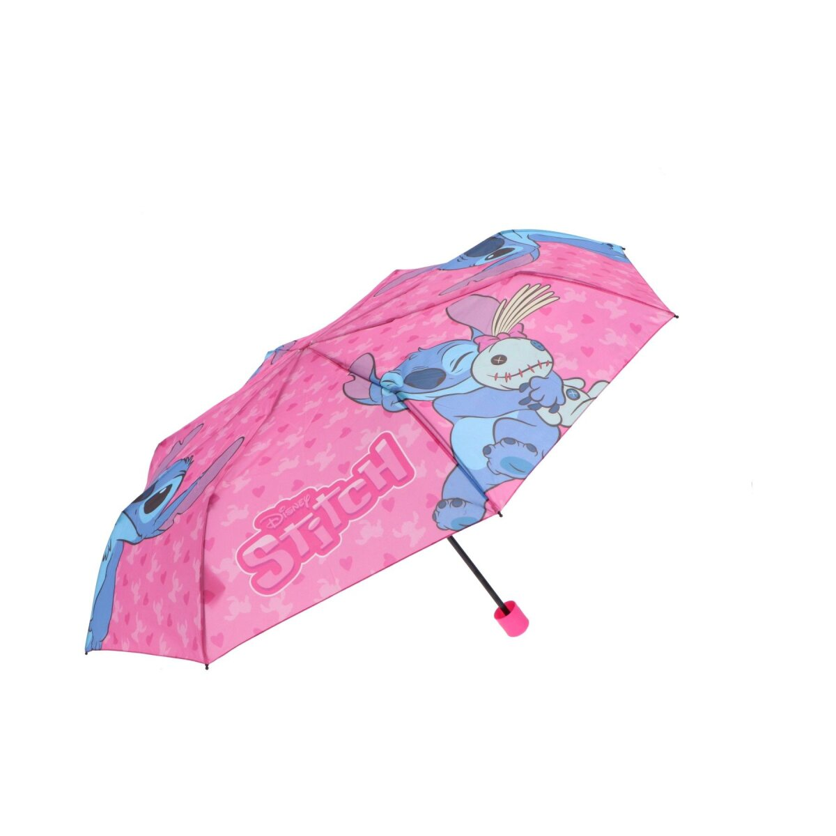 Rosa Stitch-Regenschirm mit Stitch- und Engelsfiguren. Er ist geöffnet und angewinkelt.
