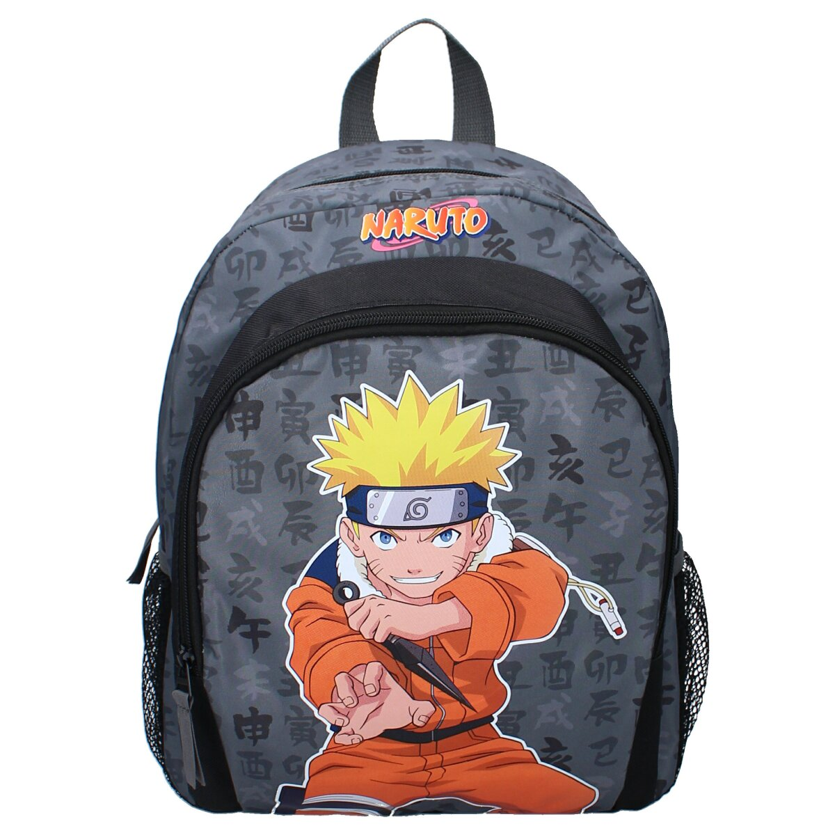 Naruto-Rucksack mit Naruto-Charakter. Es hat eine schwarze Netztasche an der Seite.