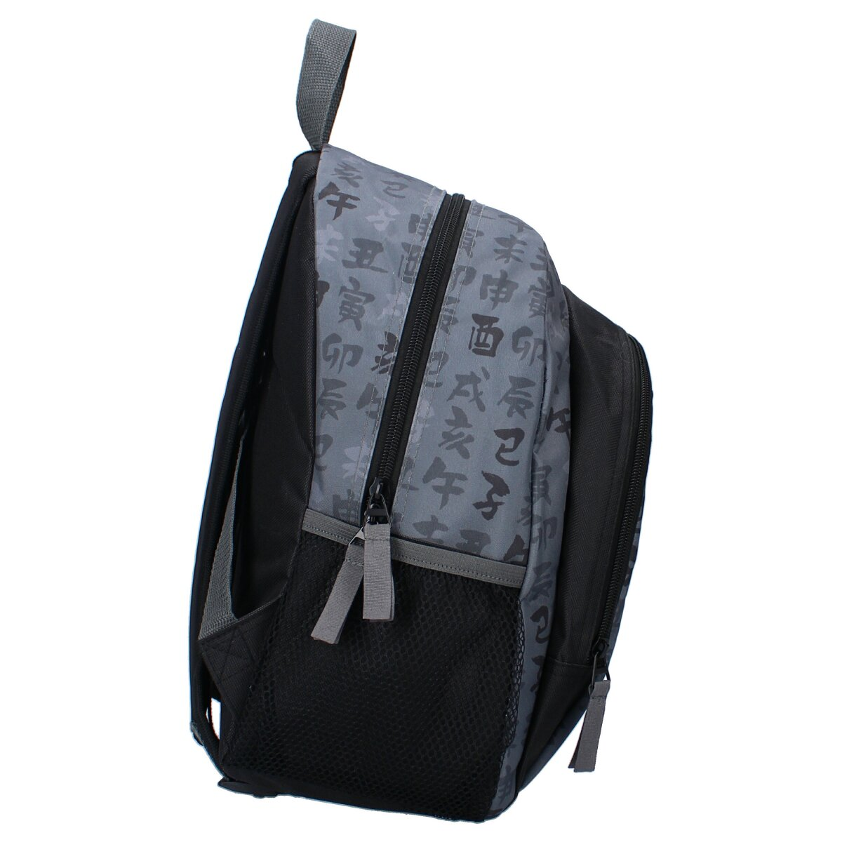Naruto-Rucksack mit Seitenansicht. Es hat eine schwarze Netztasche.