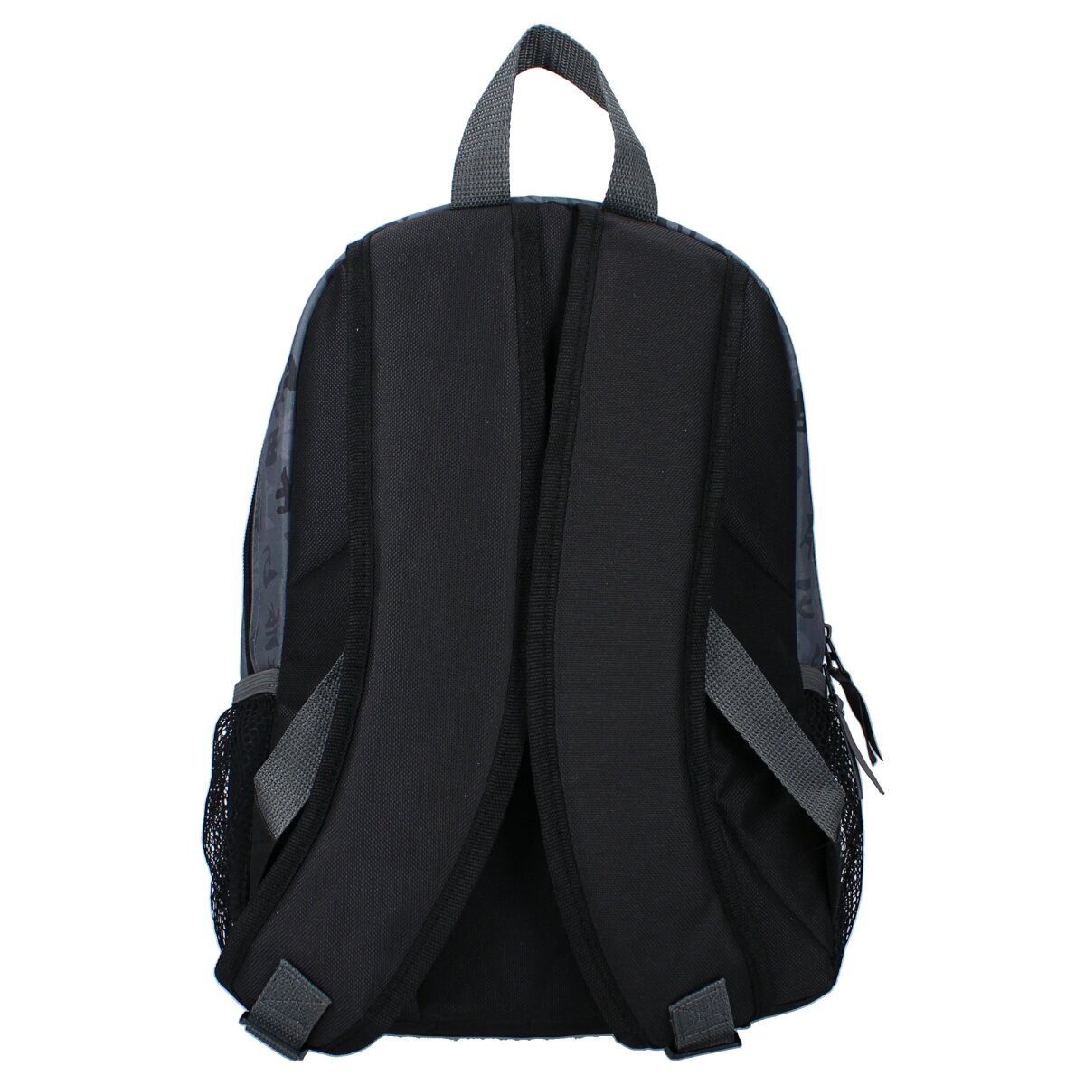 Ein schwarzer Rucksack mit grauen Details. Er hat eine Seitentasche aus Mesh und graue Schultergurte.