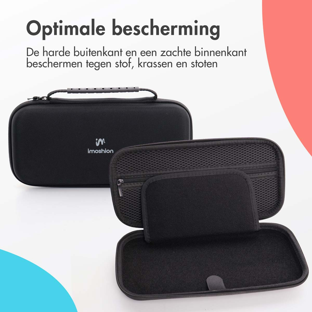 Black case, two parts, opened. One with console outline, the other with a net pocket.