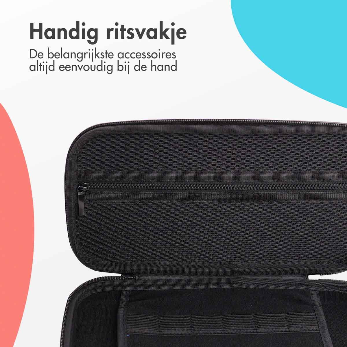 Close-up of a black mesh pocket inside a black case with a zipper.
