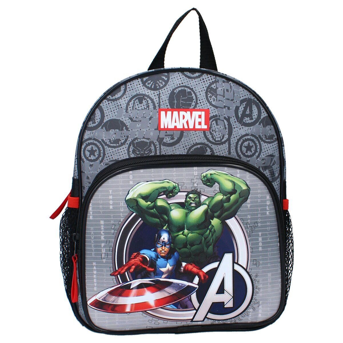 Rucksack mit dem Marvel-Logo, mit Captain America und Hulk.