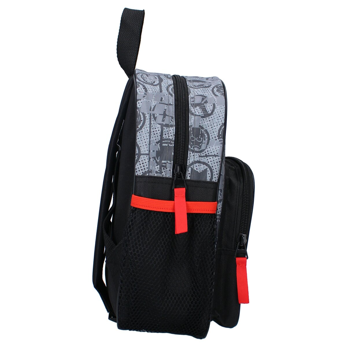 Seitenansicht eines Rucksacks mit Marvel-Logo, schwarzer Netztasche und roten Akzenten.