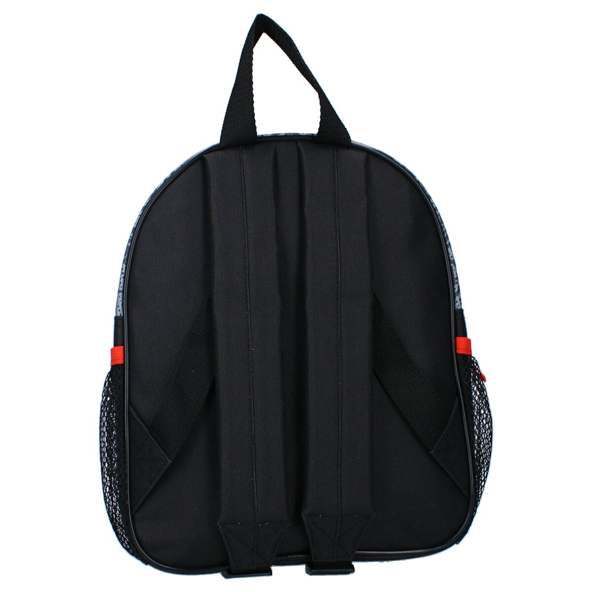 Rucksack, schwarz mit grauen Akzenten, rote seitliche Netztaschen und ein schwarzer Griff.