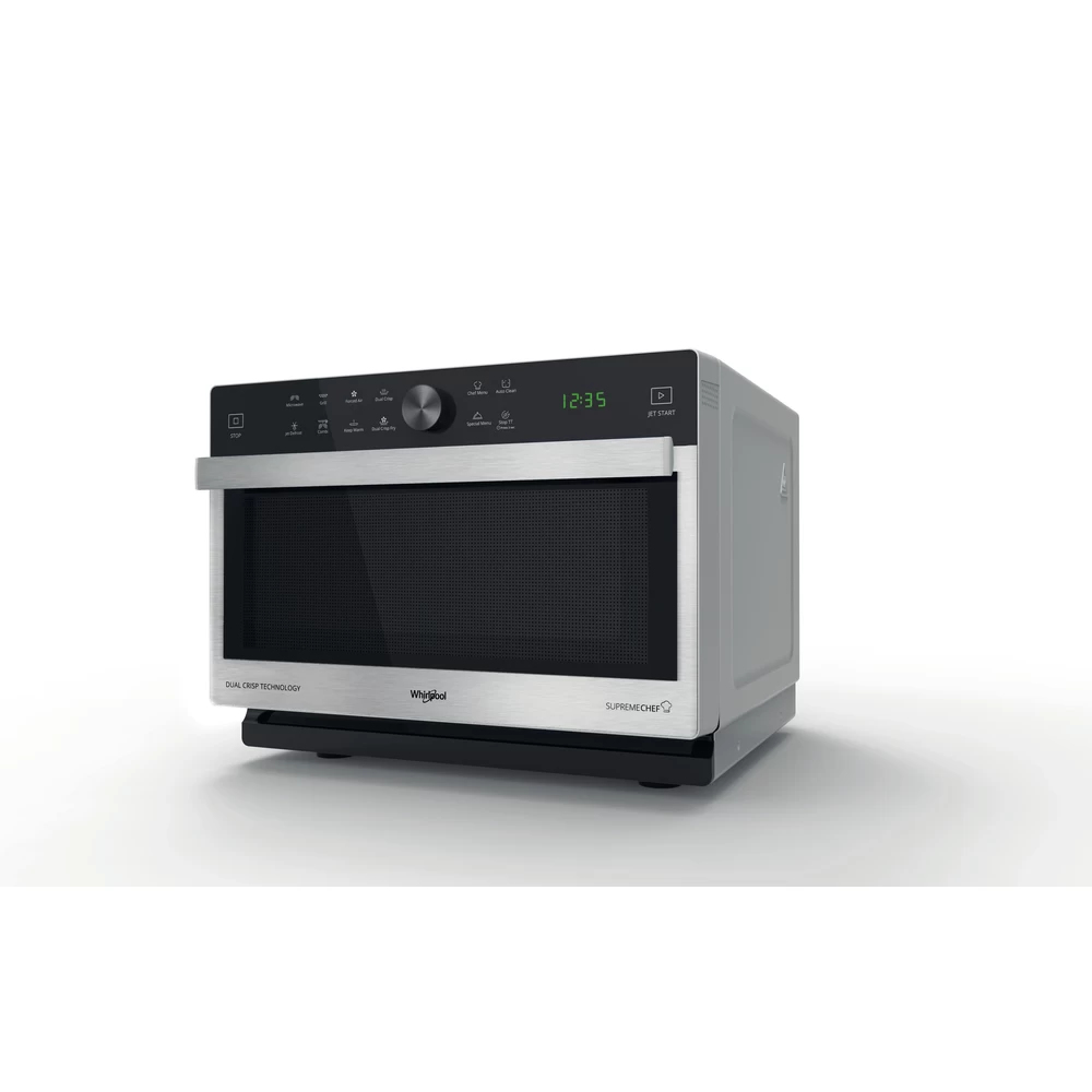 Zilveren en zwarte Whirlpool magnetron met een digitaal display dat de tijd weergeeft.