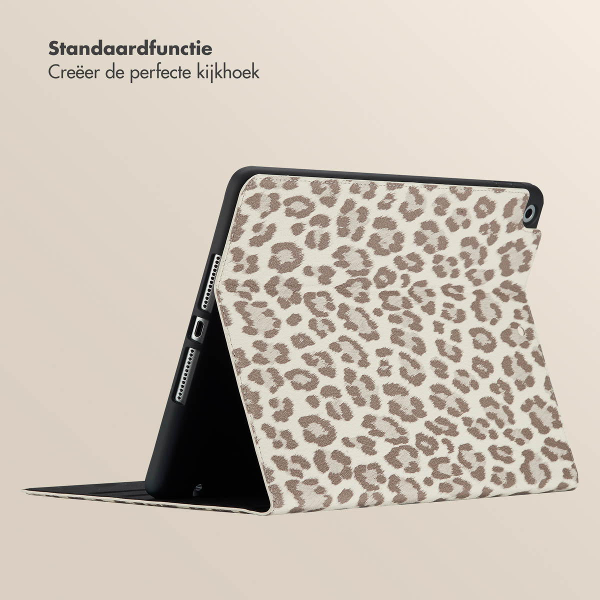 Tablet with a leopard print case. The case is open, showing the screen.
