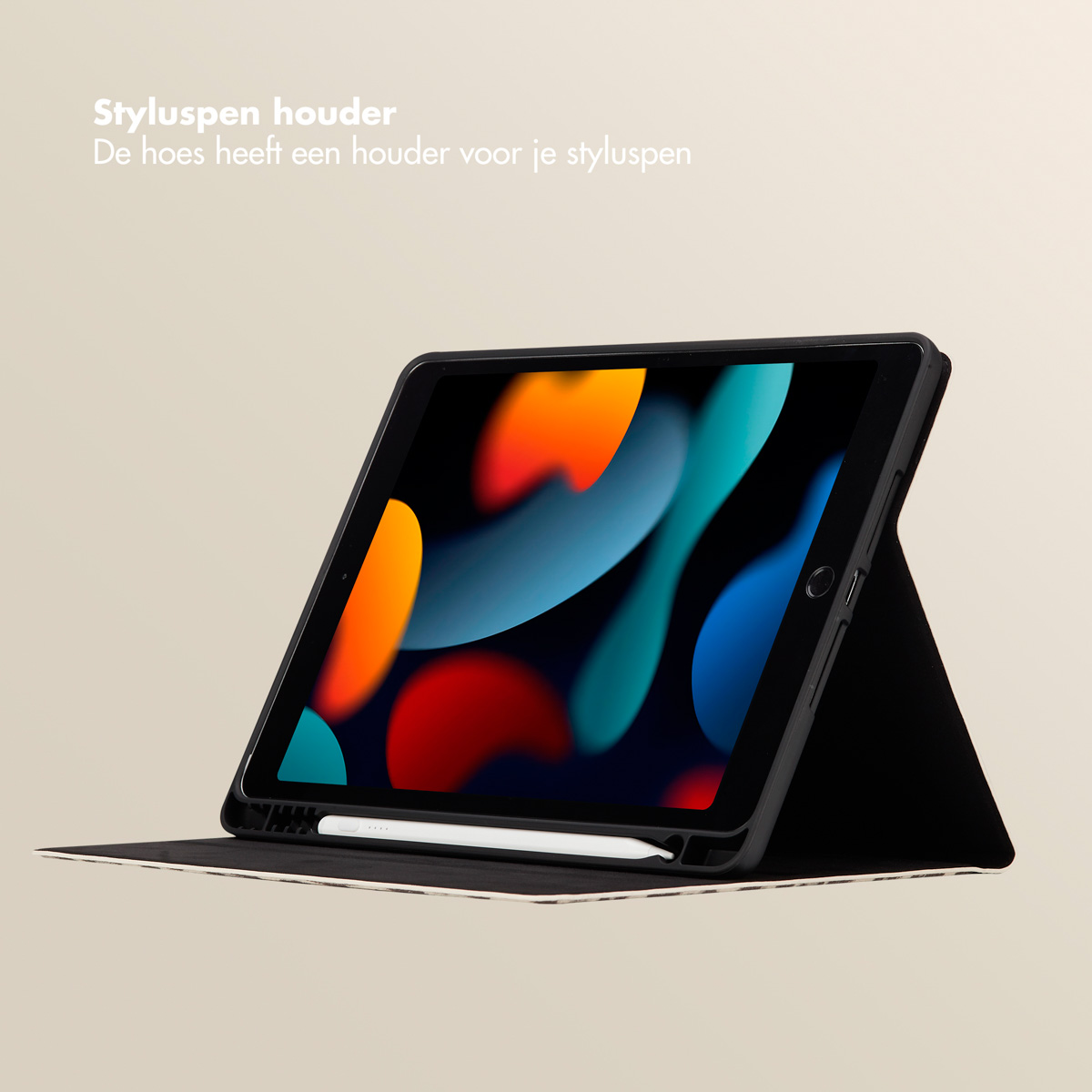 Tablet in black case, with a stylus. The screen shows an abstract design.