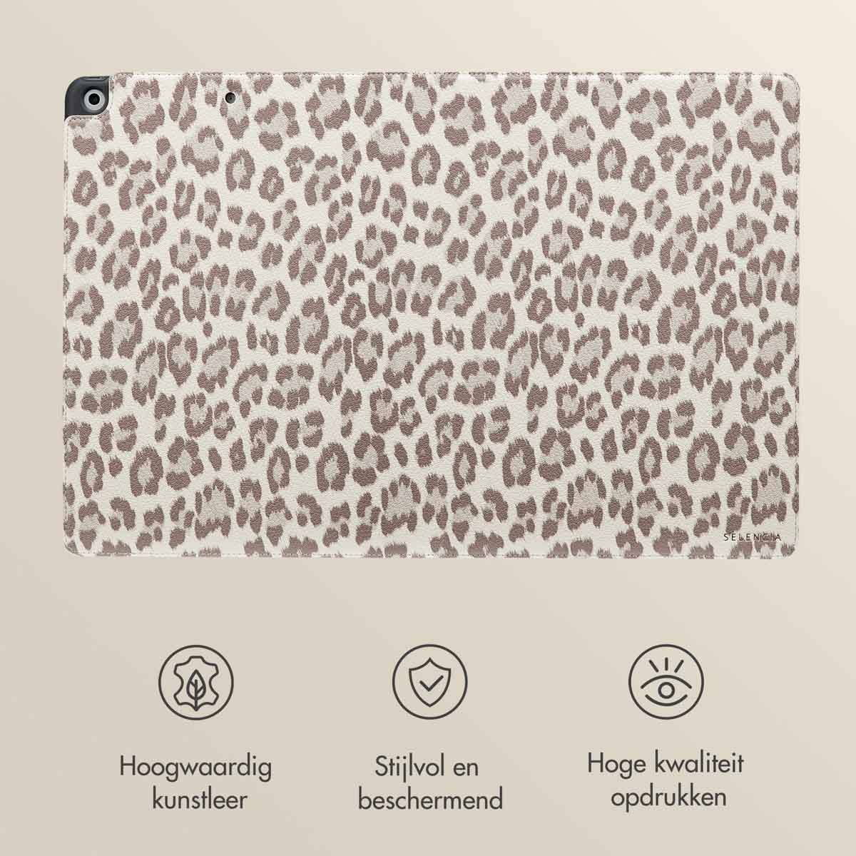 Tablet cover with leopard print. It has a camera hole, a logo, and three icons on the bottom.