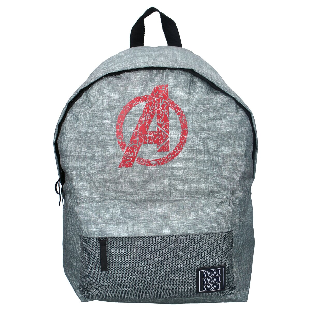 Grauer Rucksack mit dem Avengers-Logo. Hat eine Vordertasche und schwarze Träger.