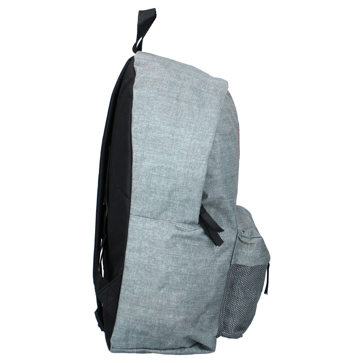 Seitenansicht eines grauen Rucksacks mit schwarzen Trägern und einer vorderen Netztasche. Schwarzer Griff oben.