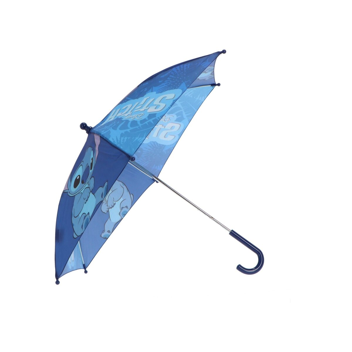 Blauer Stitch-Regenschirm, offen. Stitch-Cartoonfigur ist auf dem Schirm.