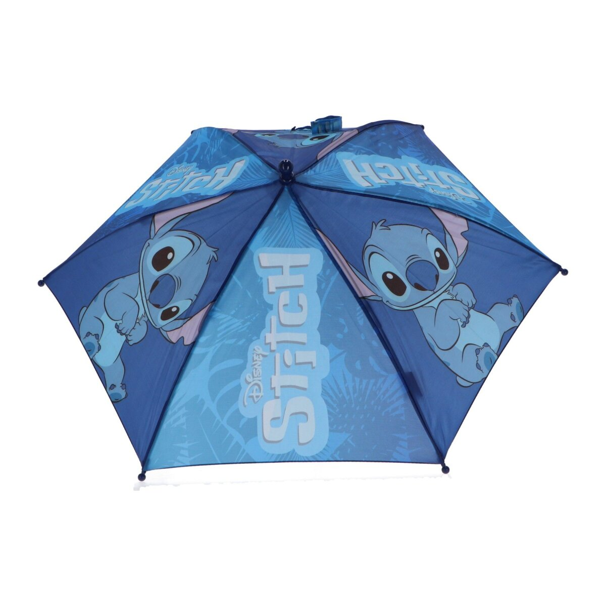 Blauer Stitch-Regenschirm mit Stitch-Figuren. Der Regenschirm hat ein blaues und hellblaues Farbschema.
