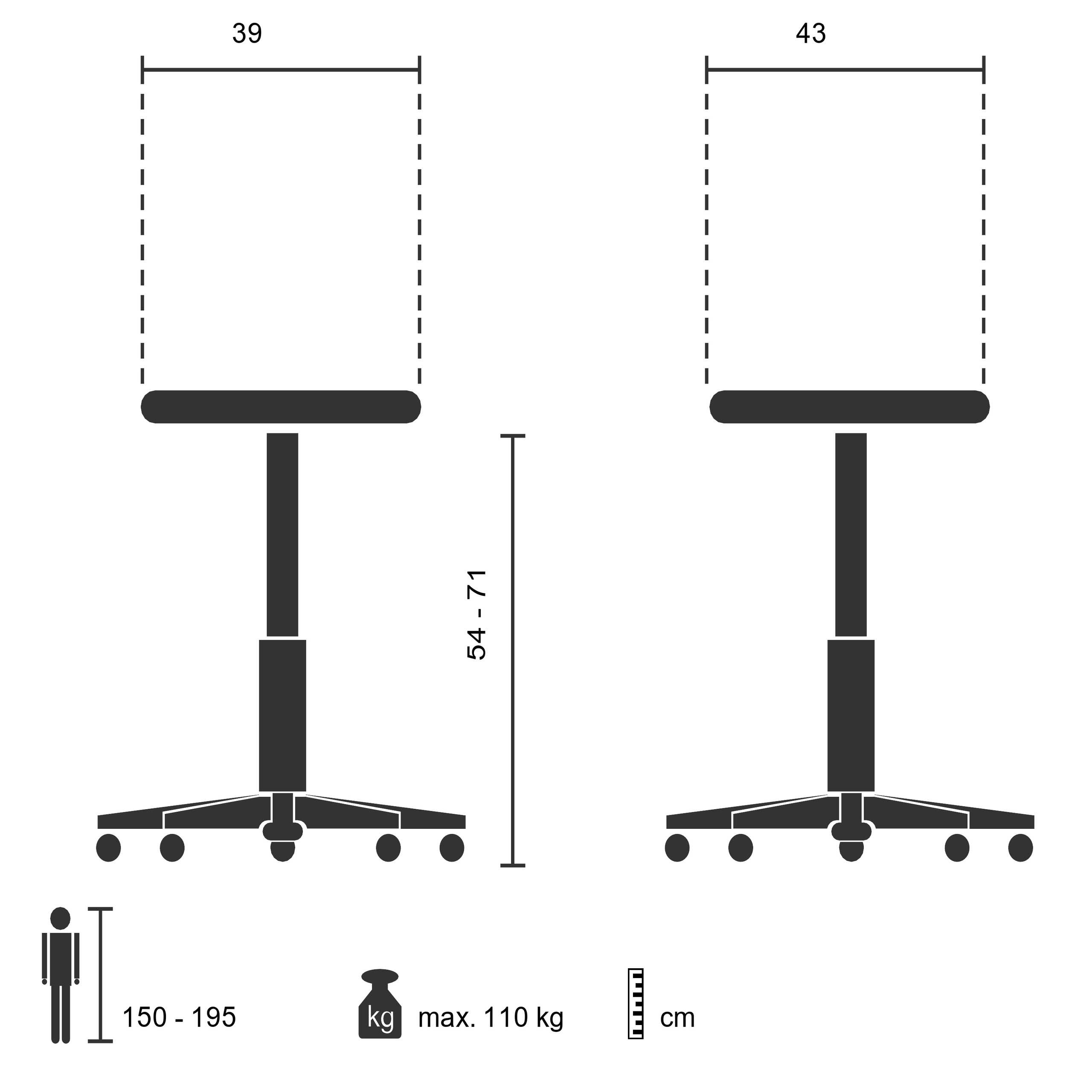 Diagramm eines Bürostuhls mit Abmessungen. Der Stuhl ist schwarz.