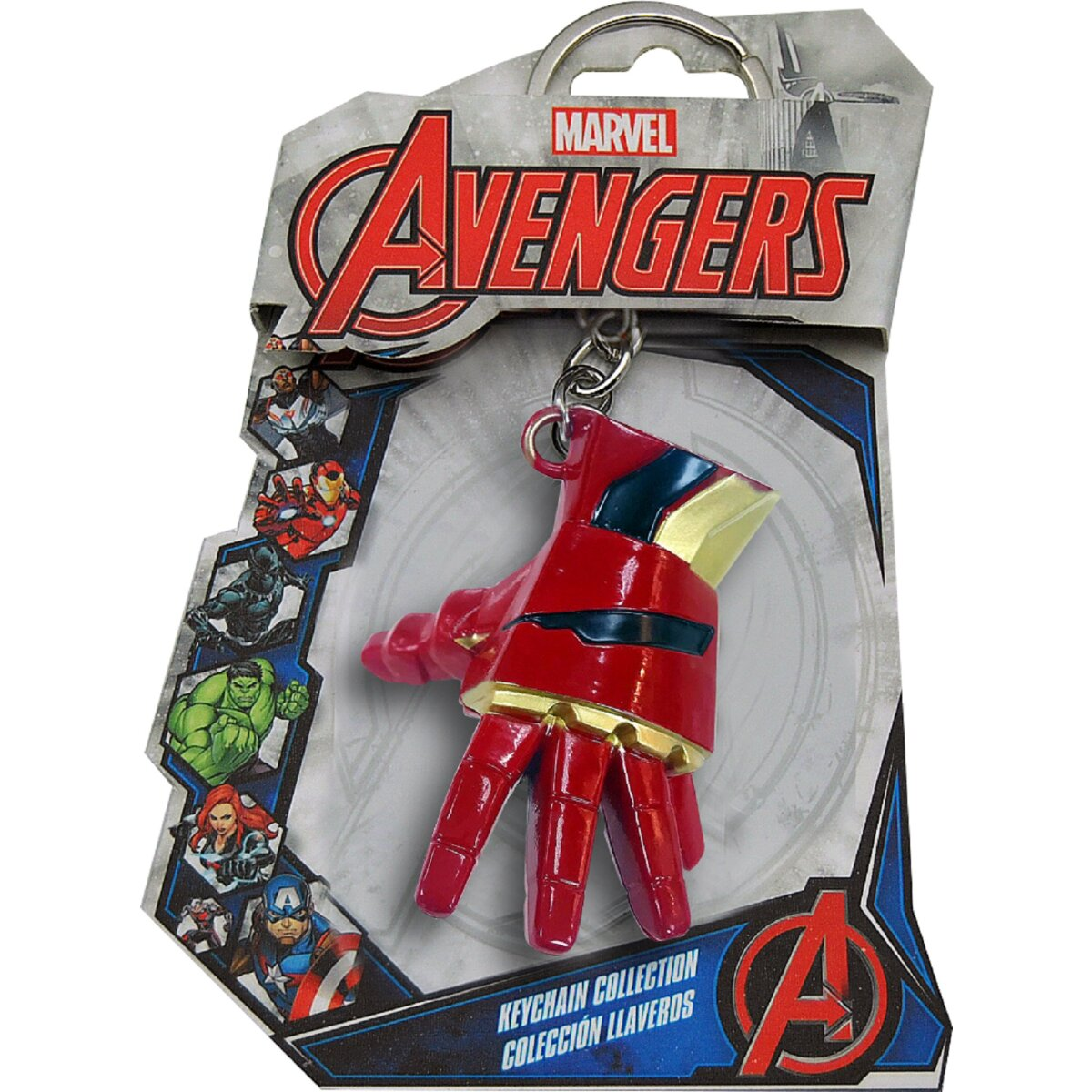 Iron Man Schlüsselanhänger Verpackung. Iron Man Handschuh an einem Schlüsselanhänger. Marvel Avengers Branding.
