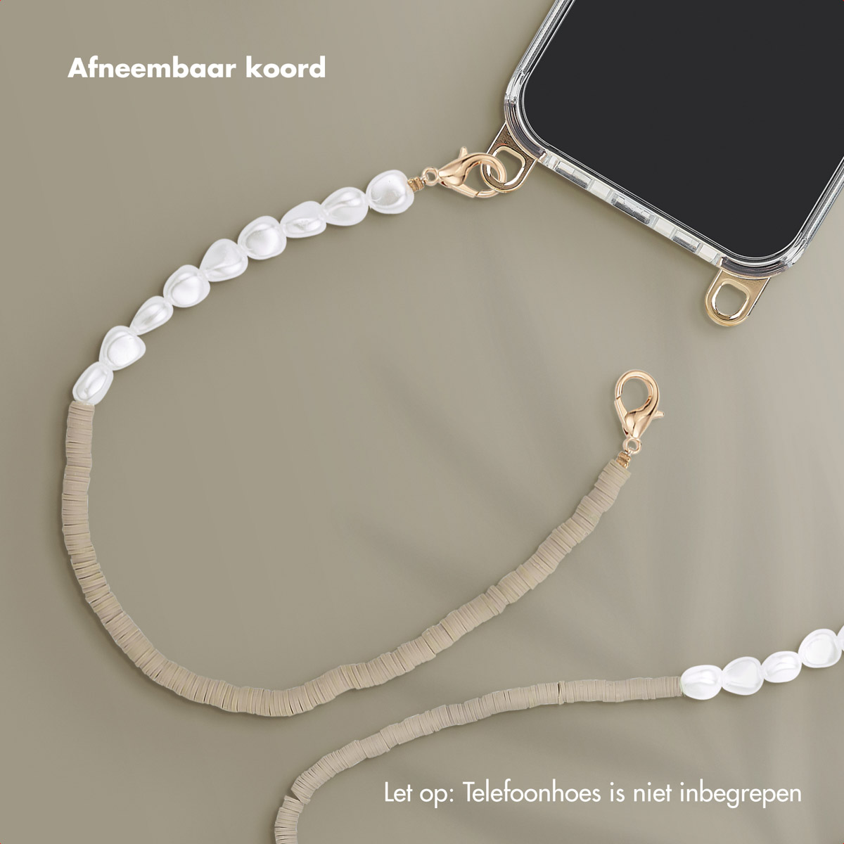 Custodia per telefono con cinturino a collana di perle. Perline beige e bianche. Telefono nero.