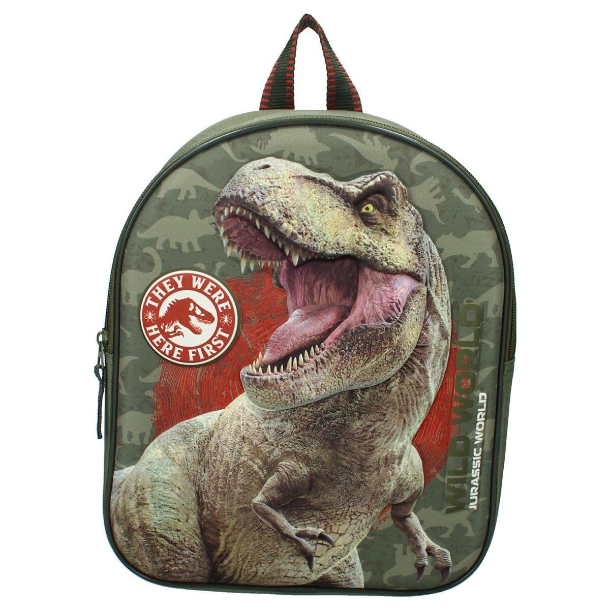 Jurassic World backpack with a T-Rex. Green with a dinosaur pattern. Text: They Were Here First.