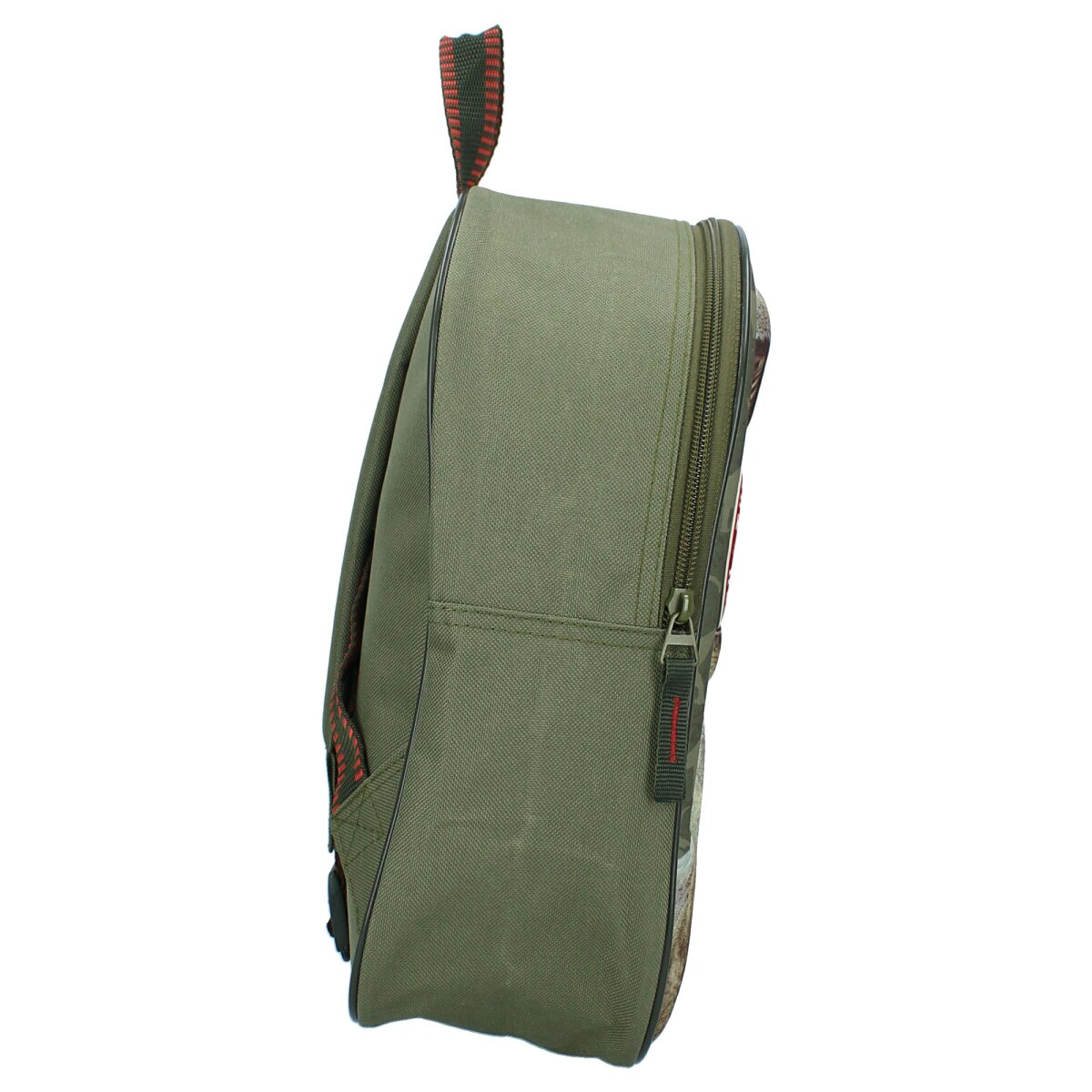 Side view of a green Jurassic World backpack with a zipper and handle.