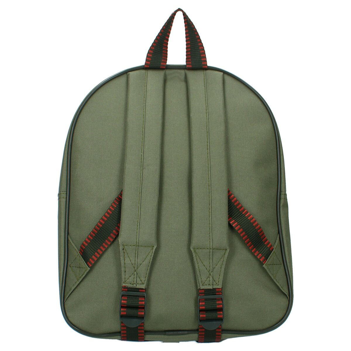 Back view of a green Jurassic World backpack with straps.
