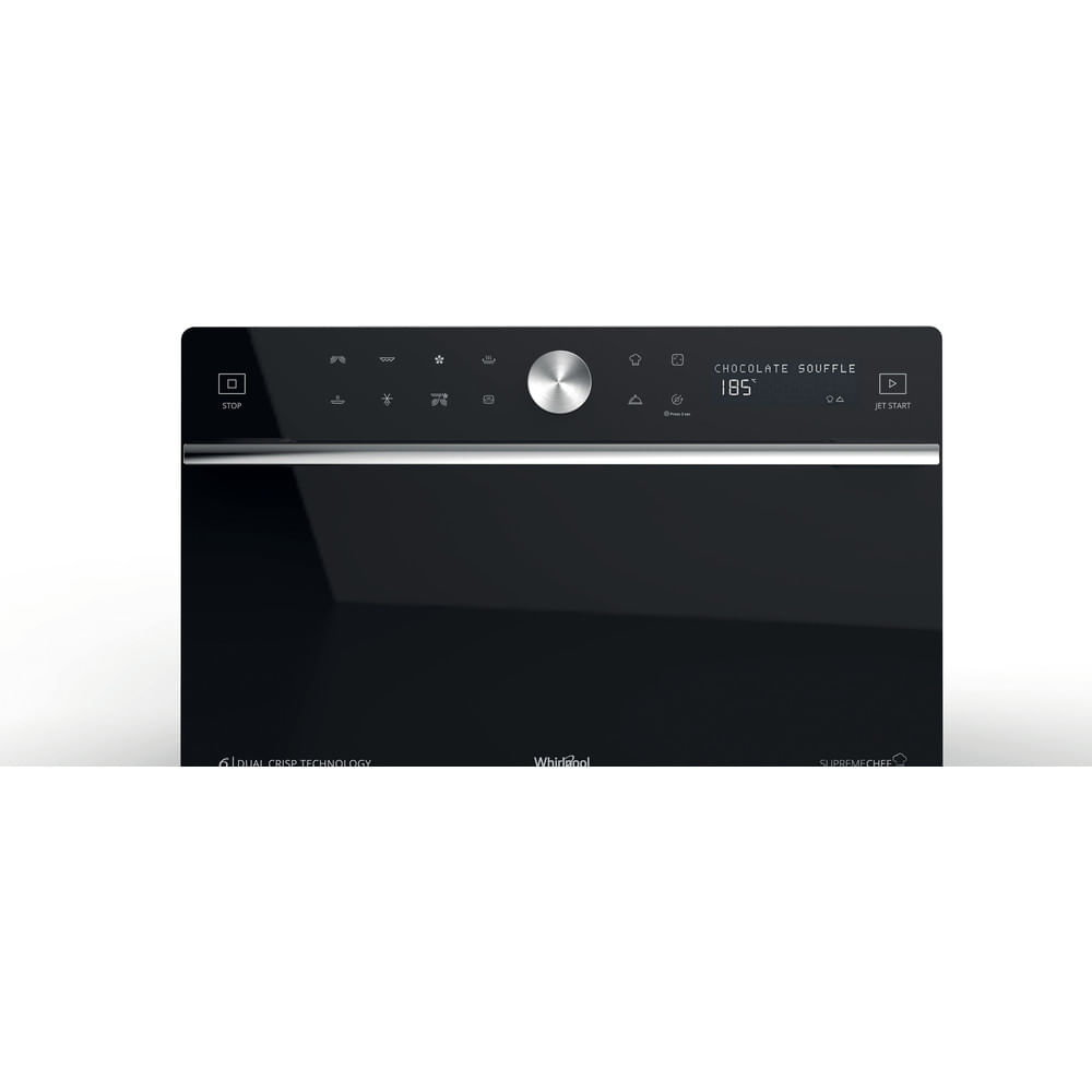 Black microwave oven with digital display showing a chocolate souffle cooking.