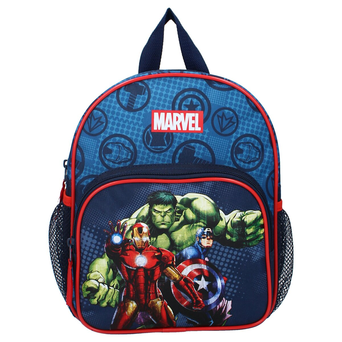 Marvel-Rucksack mit Iron Man, Hulk und Captain America auf blauem Hintergrund.