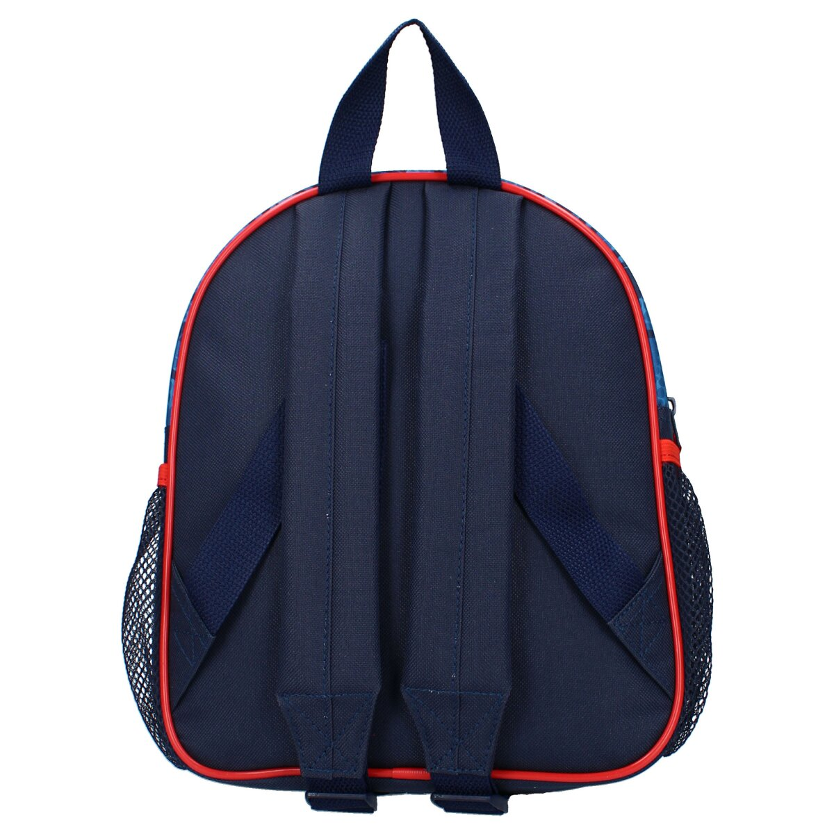 Rückansicht des Marvel-Rucksacks mit blauen und roten Details.