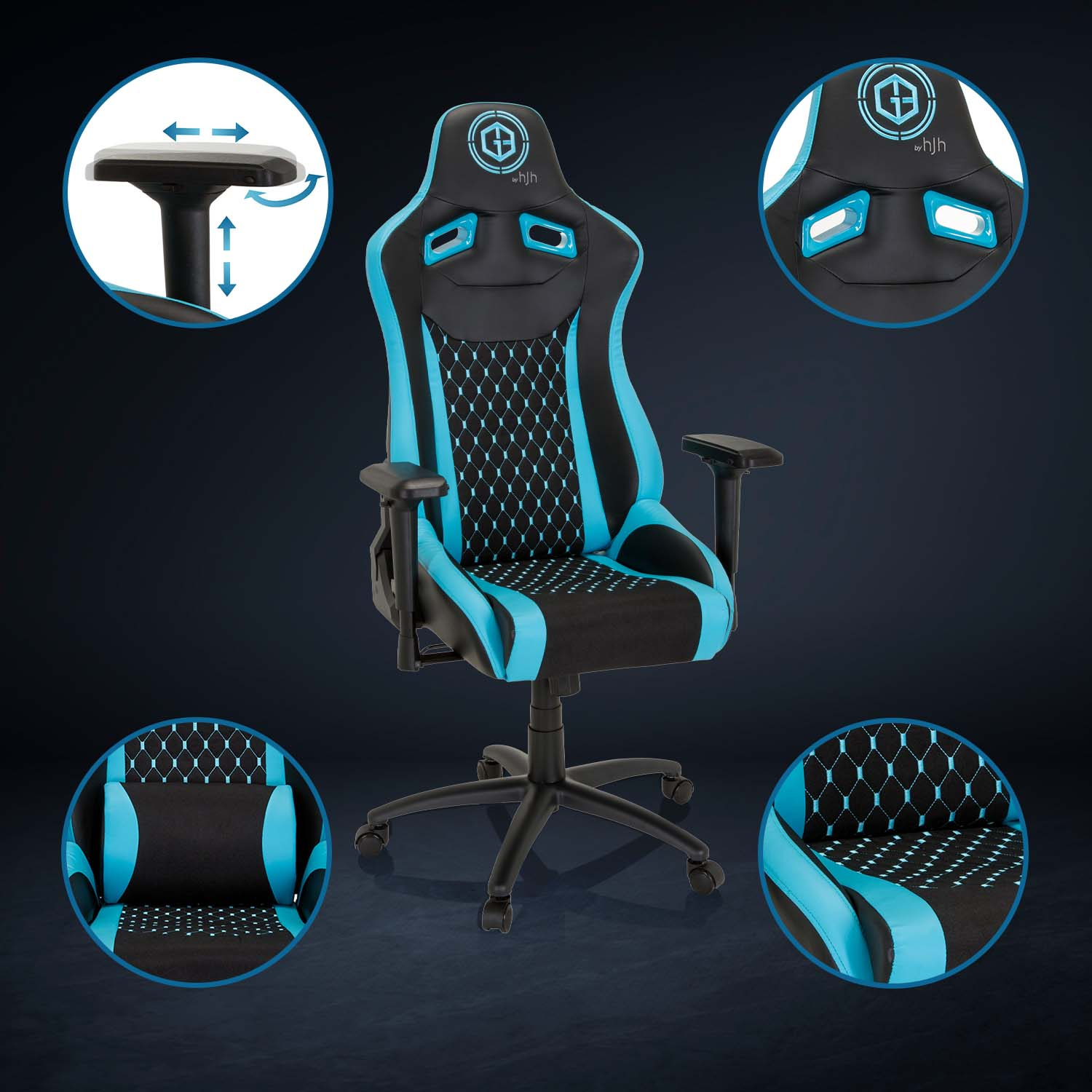 Gaming-Stuhl mit schwarzen, blauen Details. Armlehnen und Kopfstütze. Mehrere Ansichten des Stuhls.