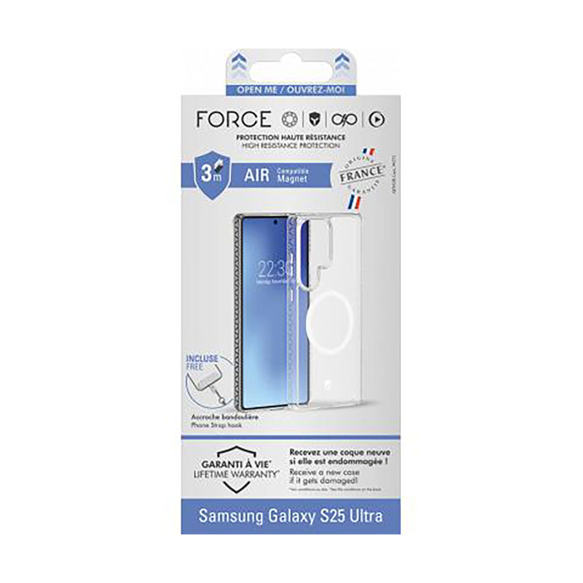 Una custodia trasparente per Samsung Galaxy S25 Ultra con un magnete circolare bianco, in una scatola.