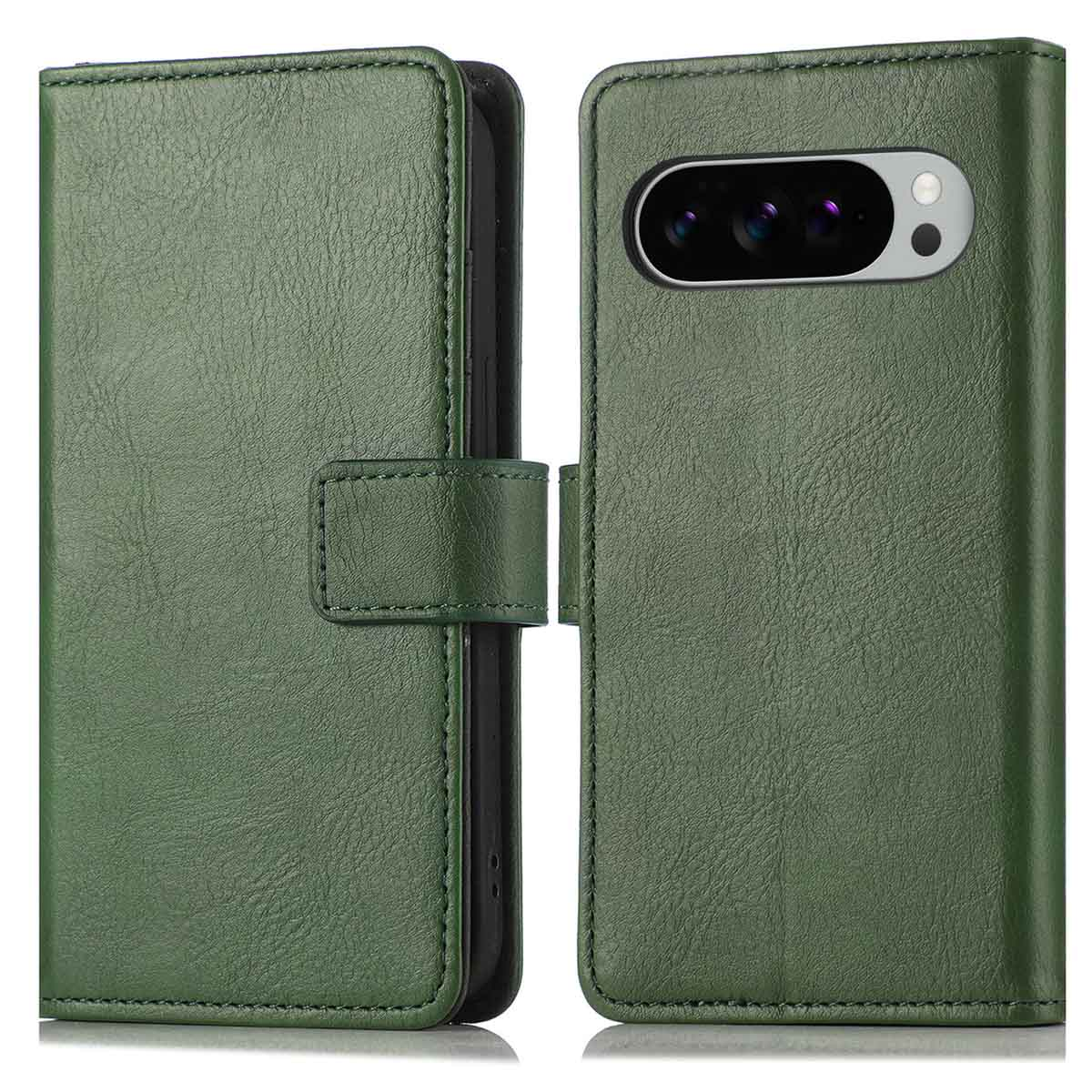 Un étui de téléphone en cuir vert avec un téléphone à l'intérieur, vue fermée et ouverte.