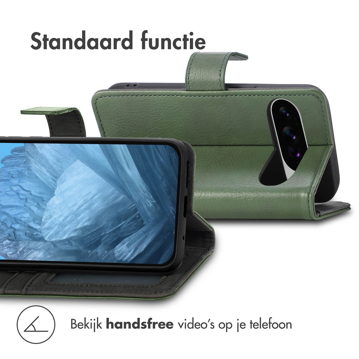 Un étui de téléphone vert avec un téléphone à l'intérieur, ouvert, avec une couverture montrant un autre téléphone.