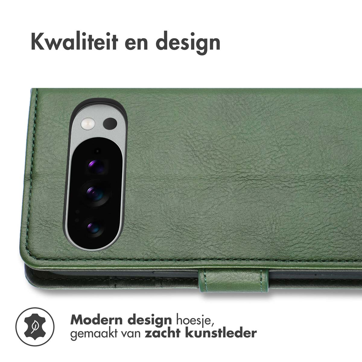 Gros plan sur un étui de téléphone en cuir vert montrant le design et le matériau.