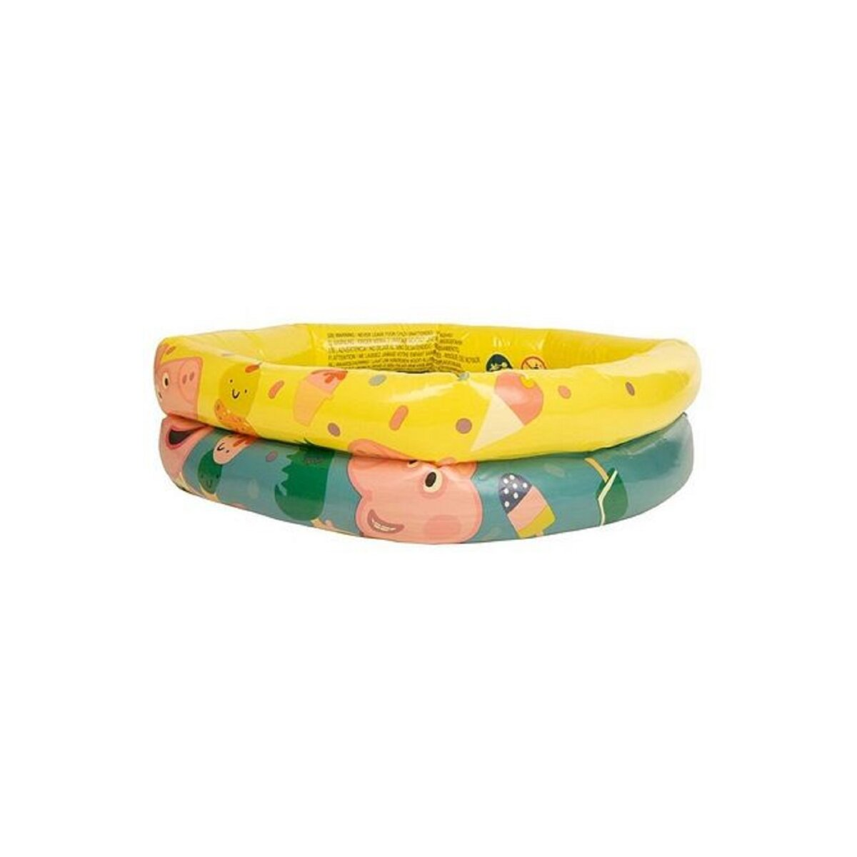 Zweischichtiger aufblasbarer Pool mit Peppa Wutz-Figuren in Gelb und Blaugrün. Er ist rund.