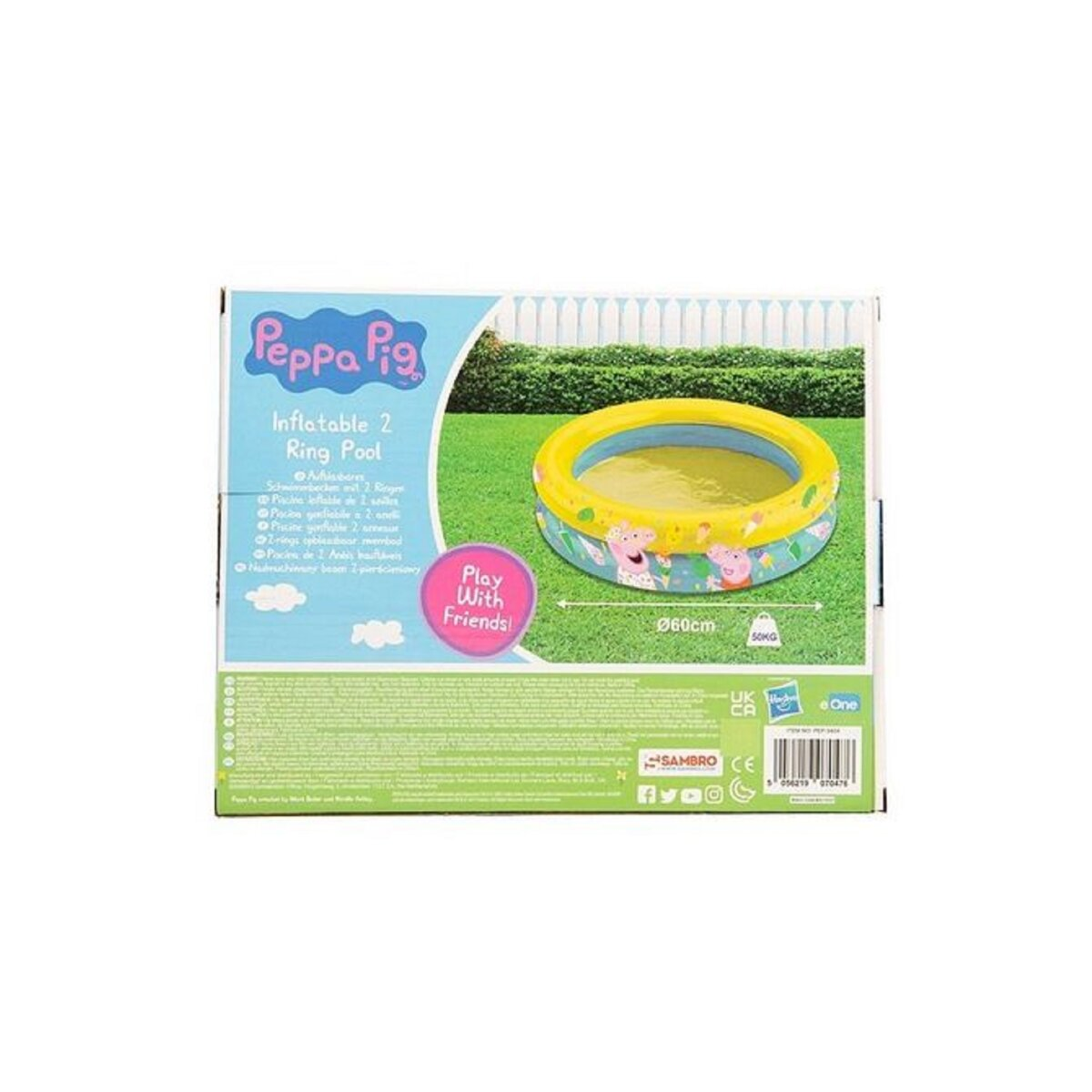 Die Rückseite einer Peppa Wutz-Aufblaspool-Verpackung. Sie zeigt den Pool und hat Text.