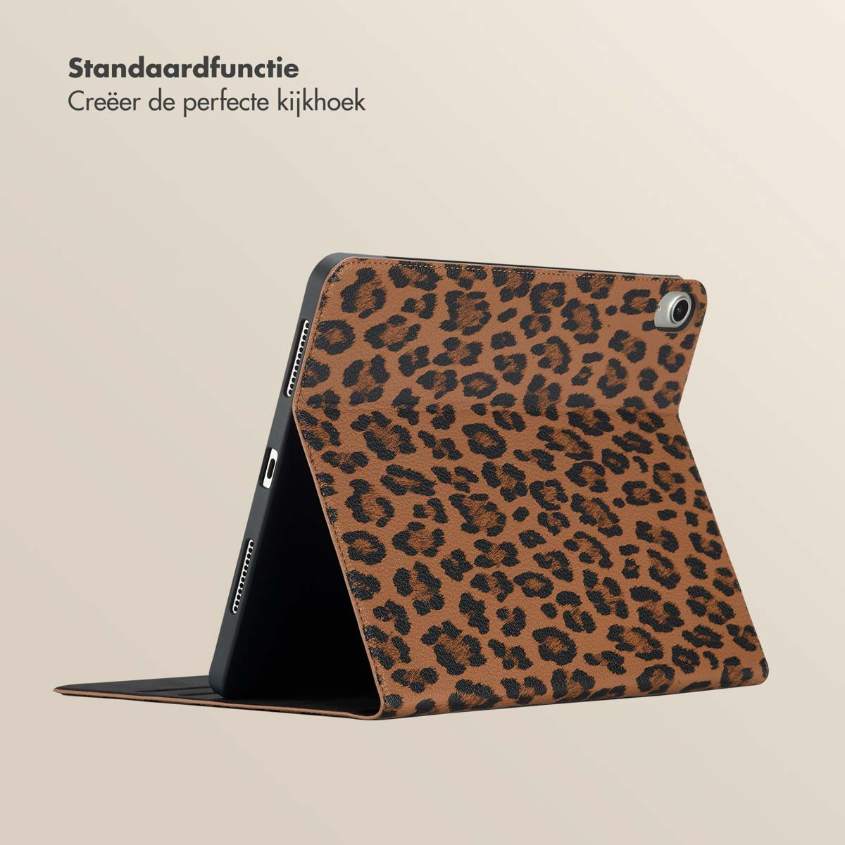 A tablet in a brown and black leopard print case on a neutral background.