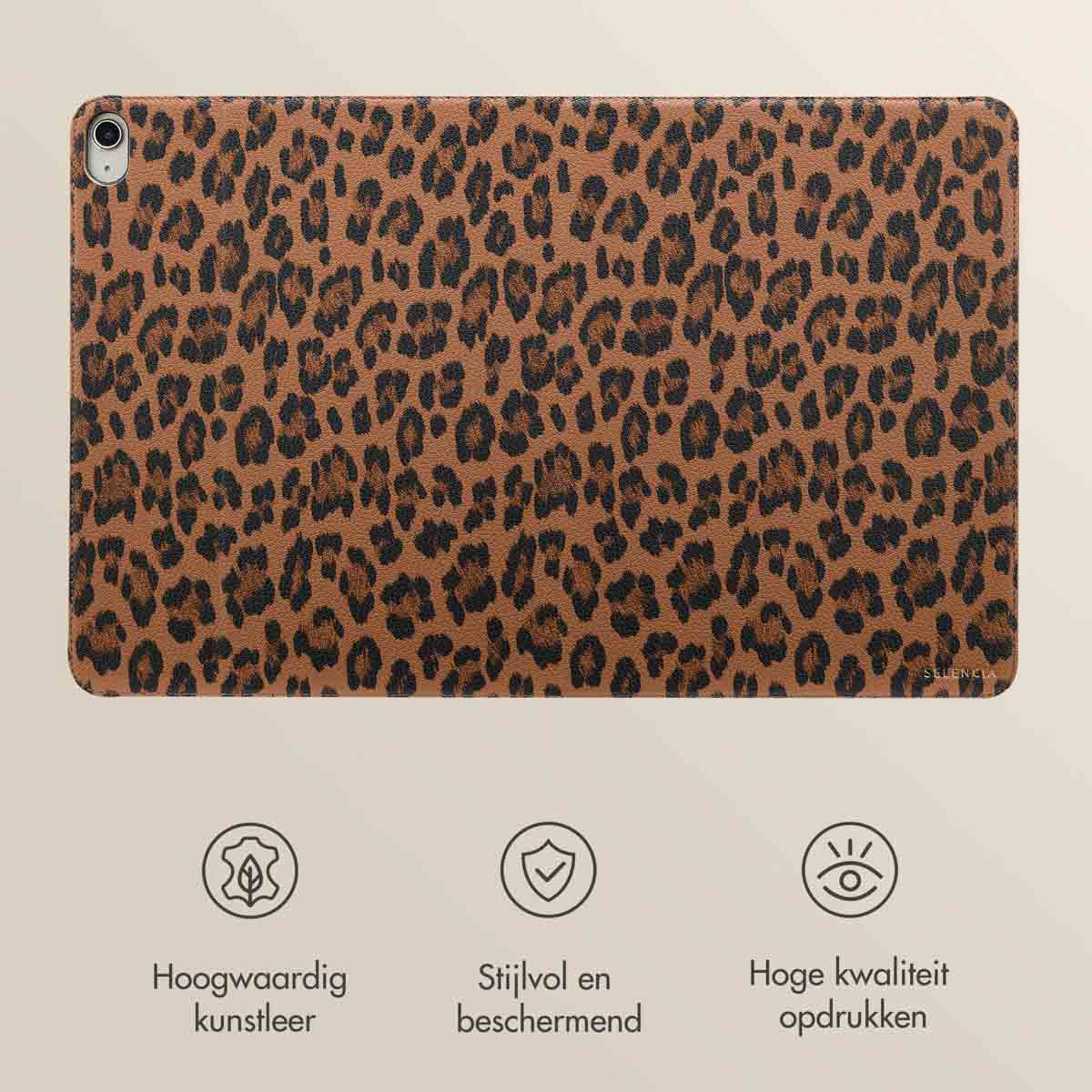 Tablet case with leopard print design, on white surface, with icons and text.