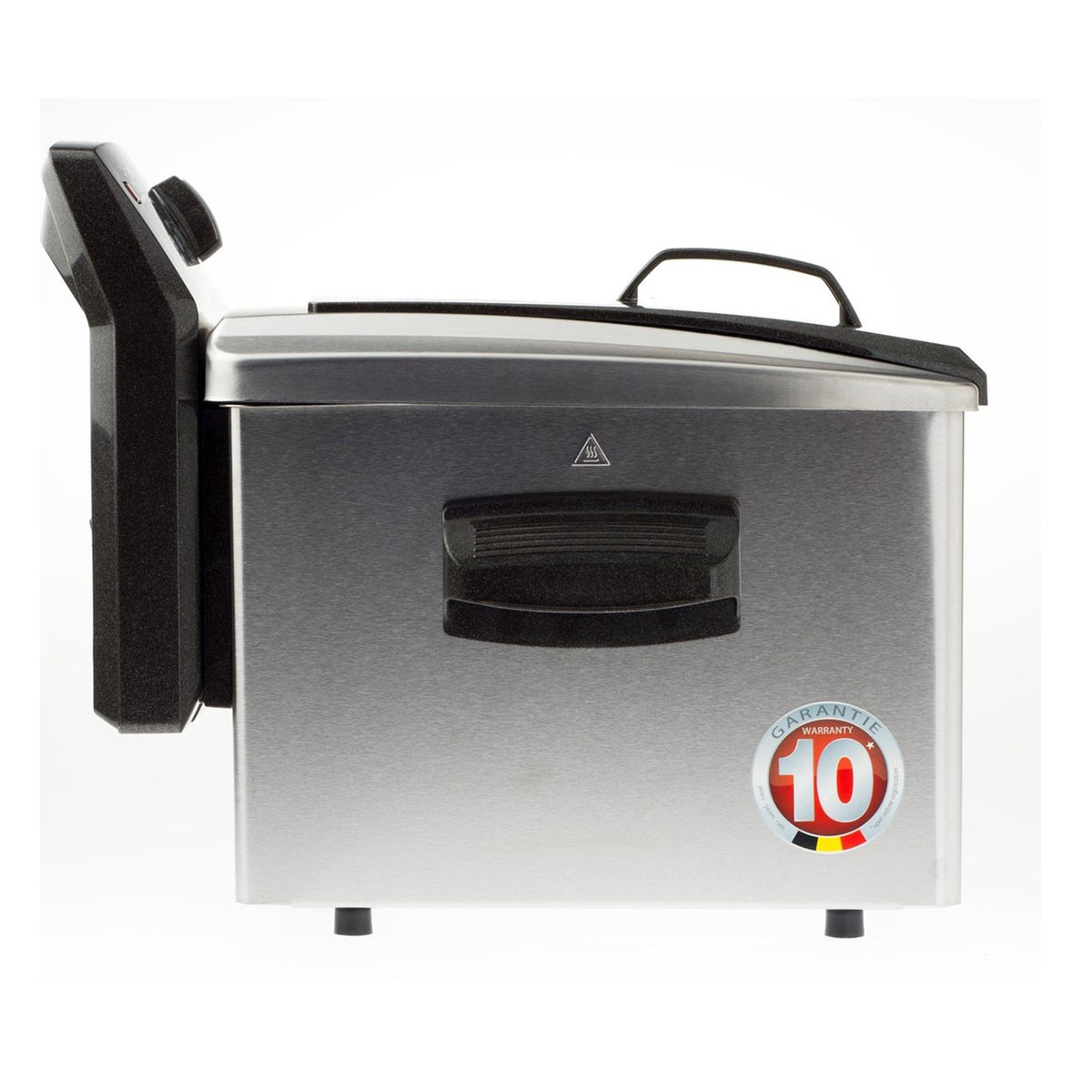 Silver deep fryer, with black and silver details, on a white background.