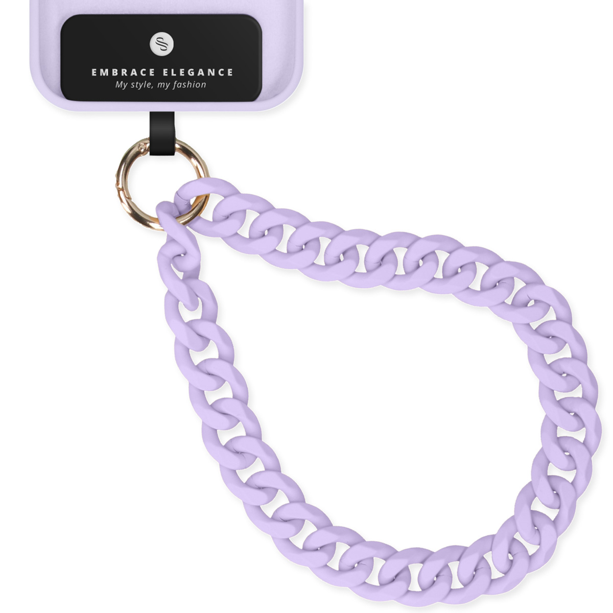 Close-up van een lavendelkleurige telefoonhoes met kettingriem en gouden ring.