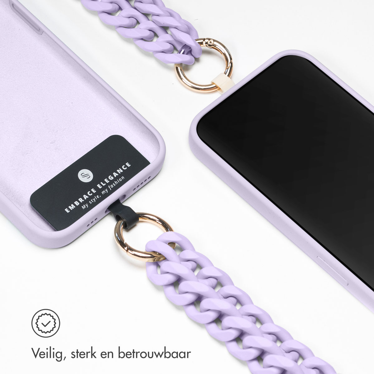 Telefoonhoesje, kettingriem, paarse kleur, productdetails.