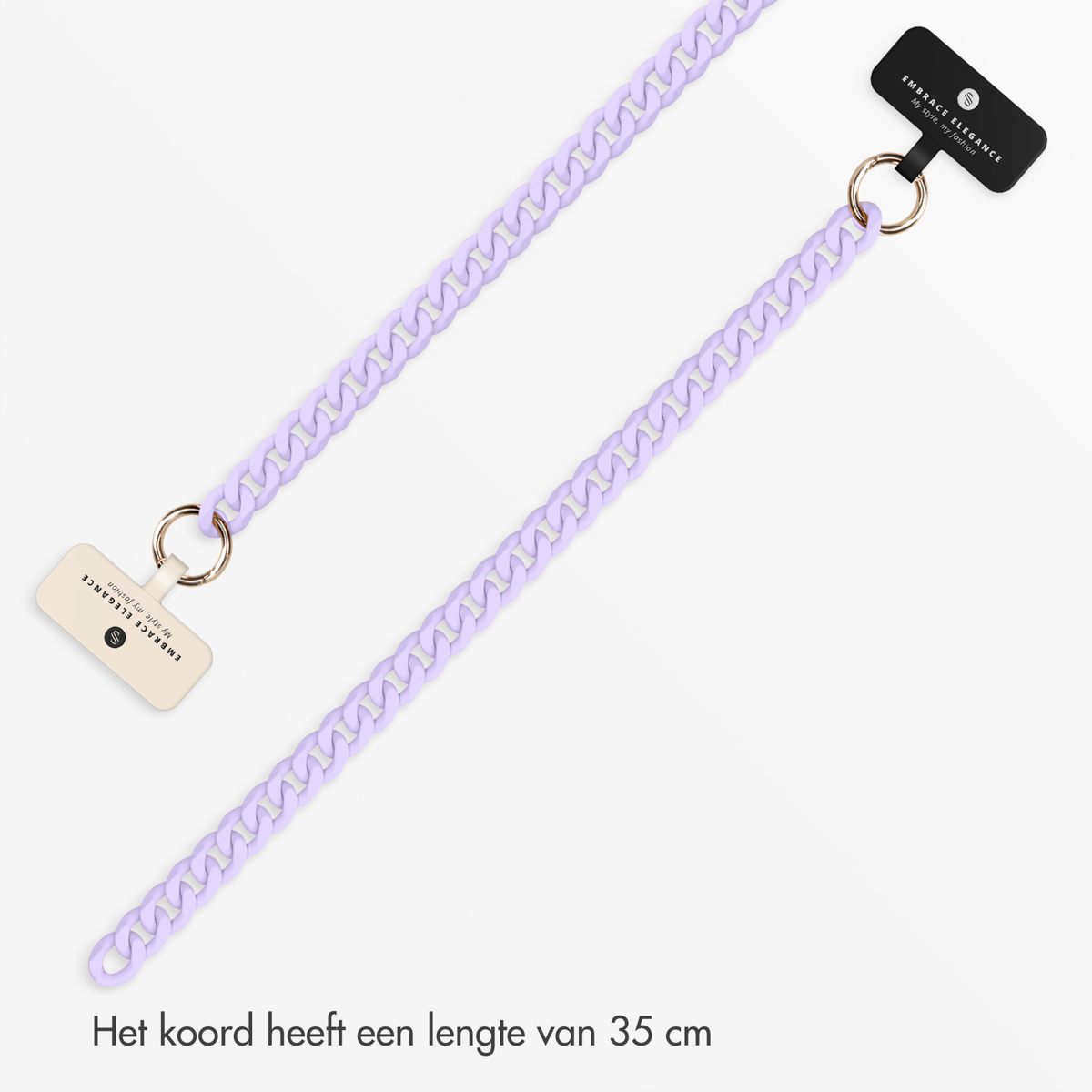 Twee lavendelkleurige telefoonriemen met schakels. De riemen hebben labels. Onderaan staat 35 cm.