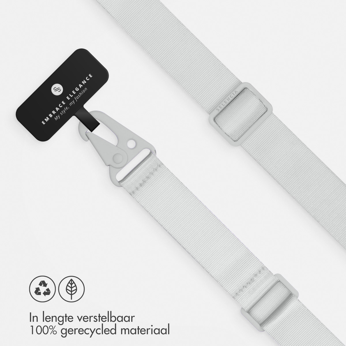Cinturino per telefono con cinturino grigio e clip metalliche, logo riciclo.