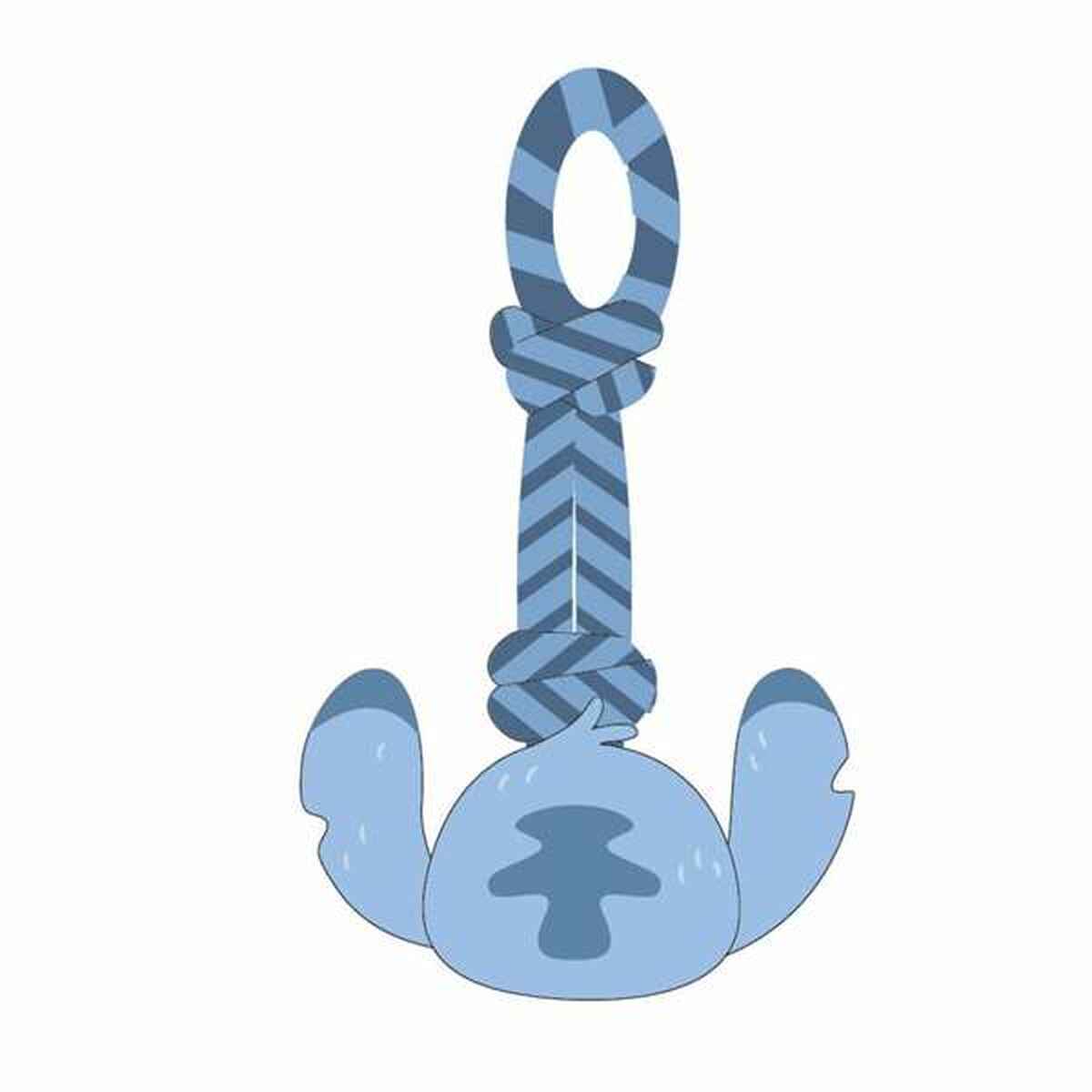 Stitch-Spielzeug, blauer Stitch-Kopf an einem blauen Seil. Das Spielzeug ist auf weißem Hintergrund.