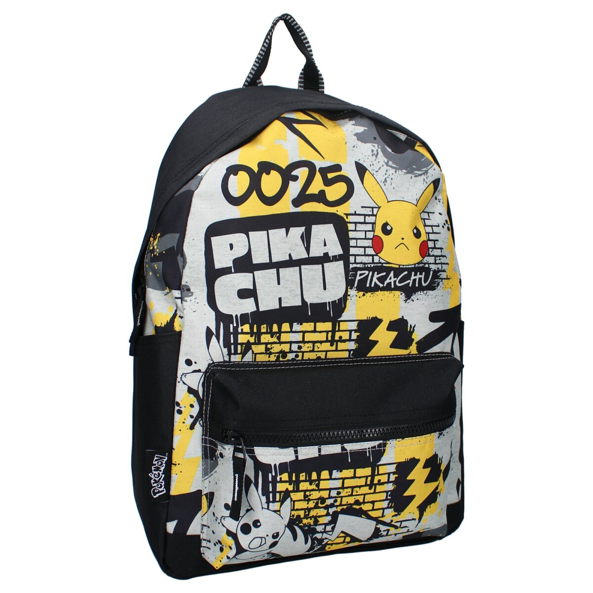 Pikachu-Rucksack mit Graffiti-Design und dem Wort 'PIKACHU'.