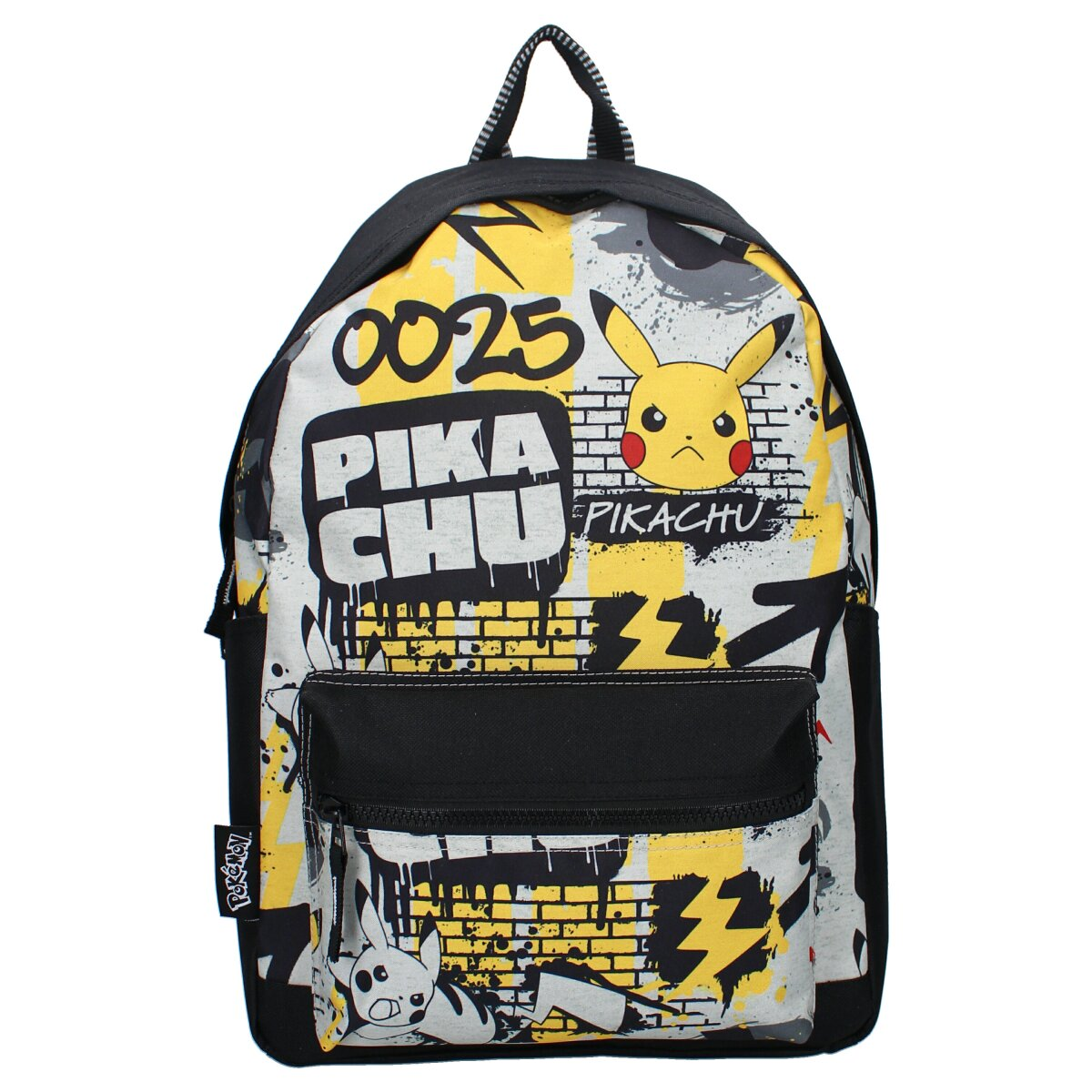 Rucksack mit Pikachu-Design, Graffiti-Stil. Gelb, schwarz und weiß. Text: 'Pikachu'.